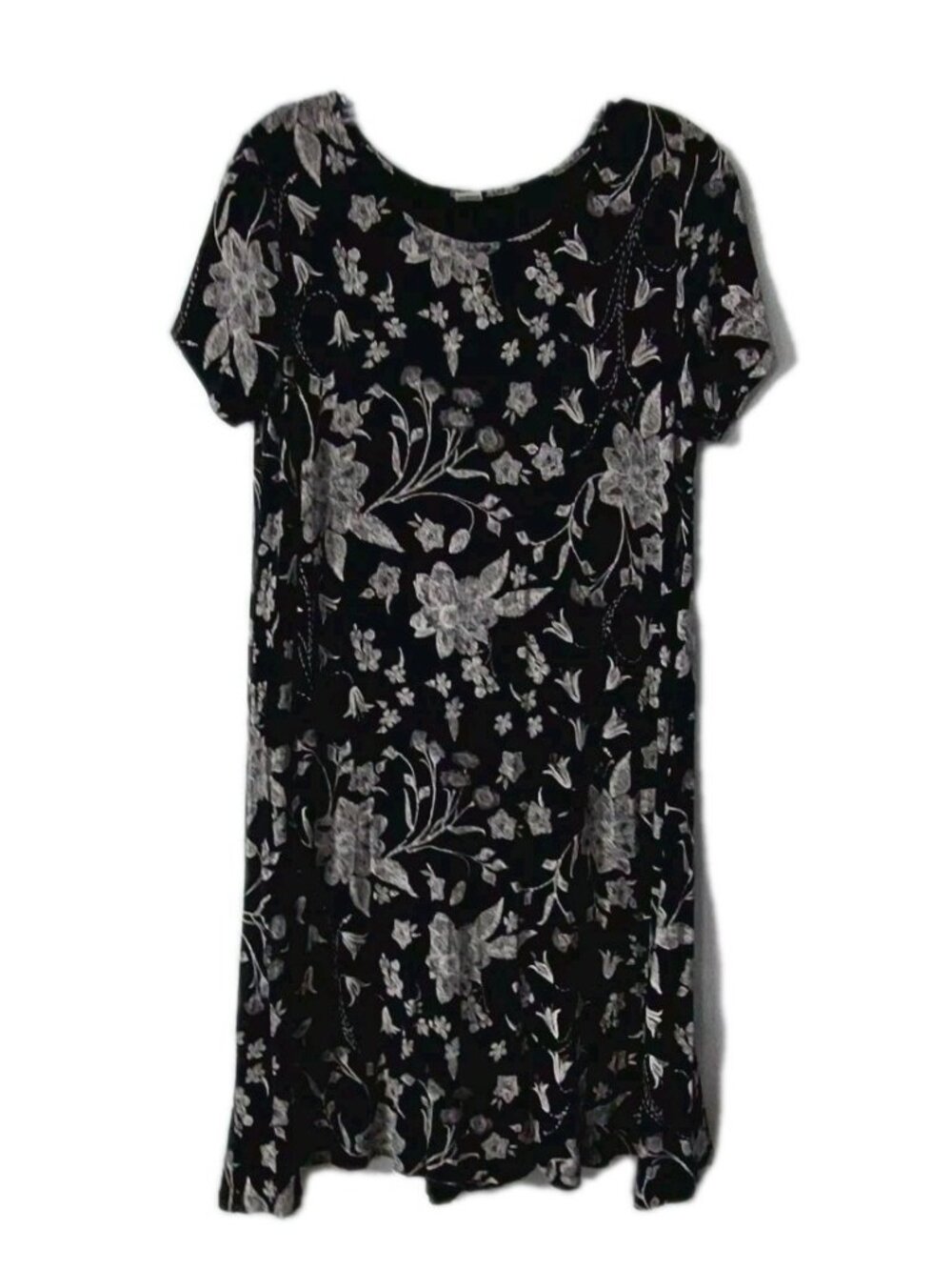 Old Navy Dress Size Medium Black Gray Floral Round Neck Stretch Pullover